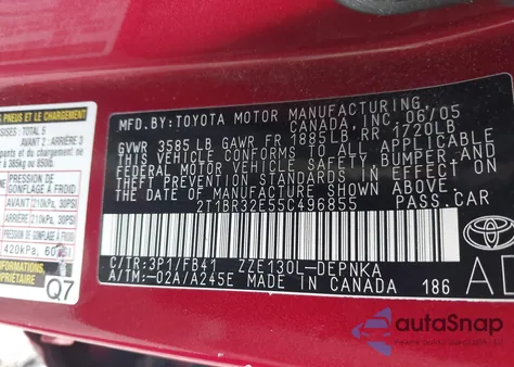 2005 Toyota Corolla Le из США, поврежденный, VIN 2T1BR32E55C496855